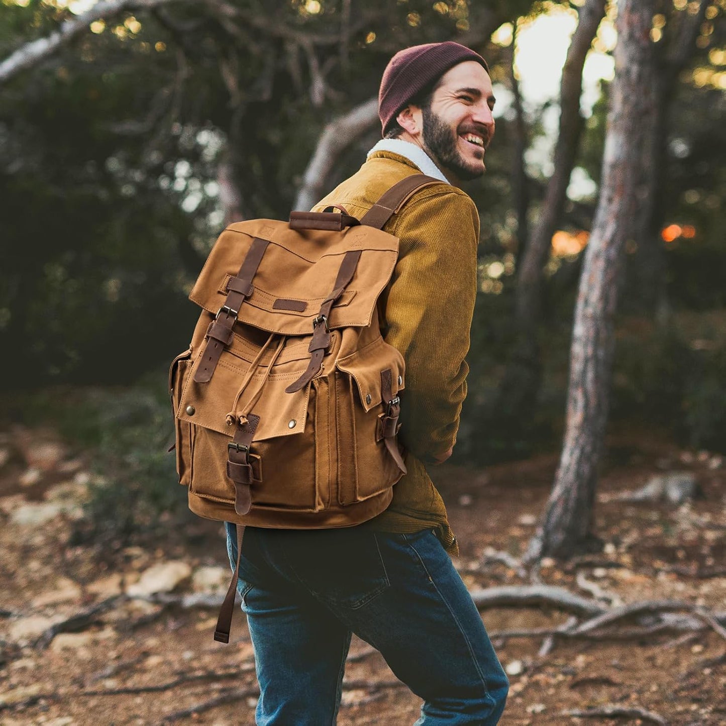 FETINES Men’s Leather Canvas Backpack Large School Bag Travel Rucksack Khaki