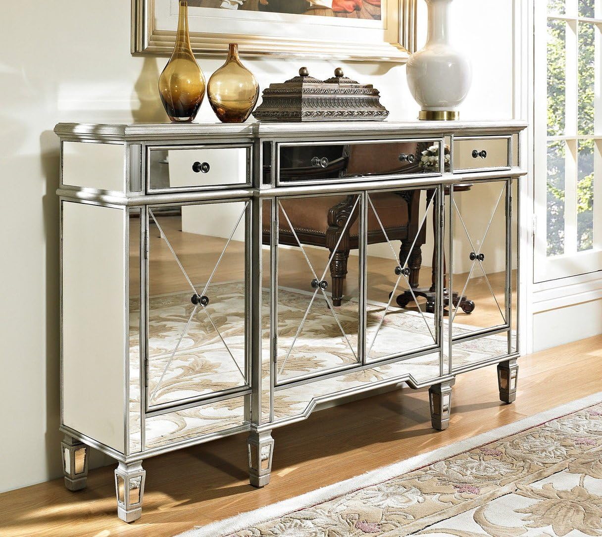 FetiNes 60" Silver Wood Frame Mirrored Storage Sideboard Buffet Cabinet