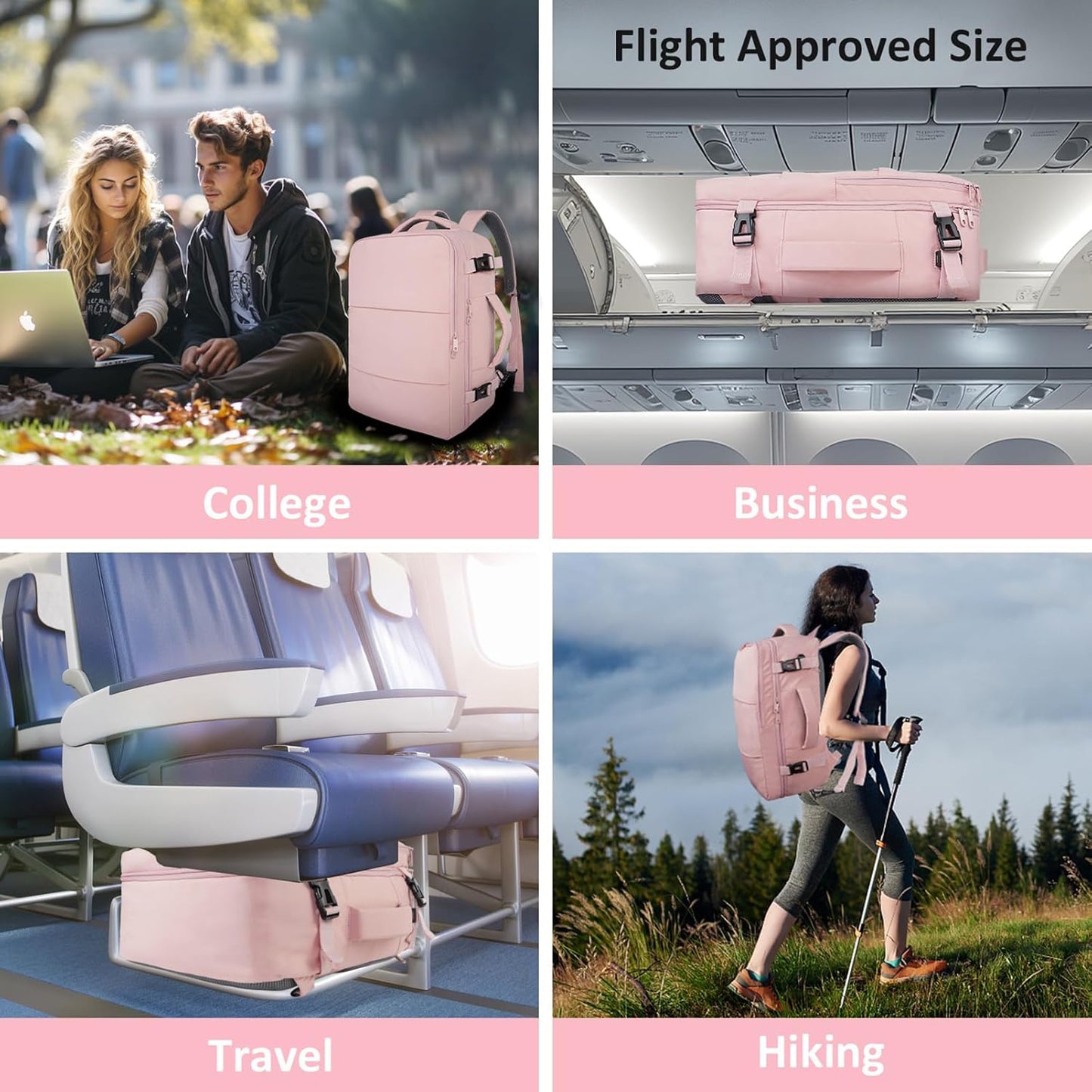 FETINES Women's Travel Backpack, Carry-On Bag with USB Charging Port and Shoe Bag, Pink