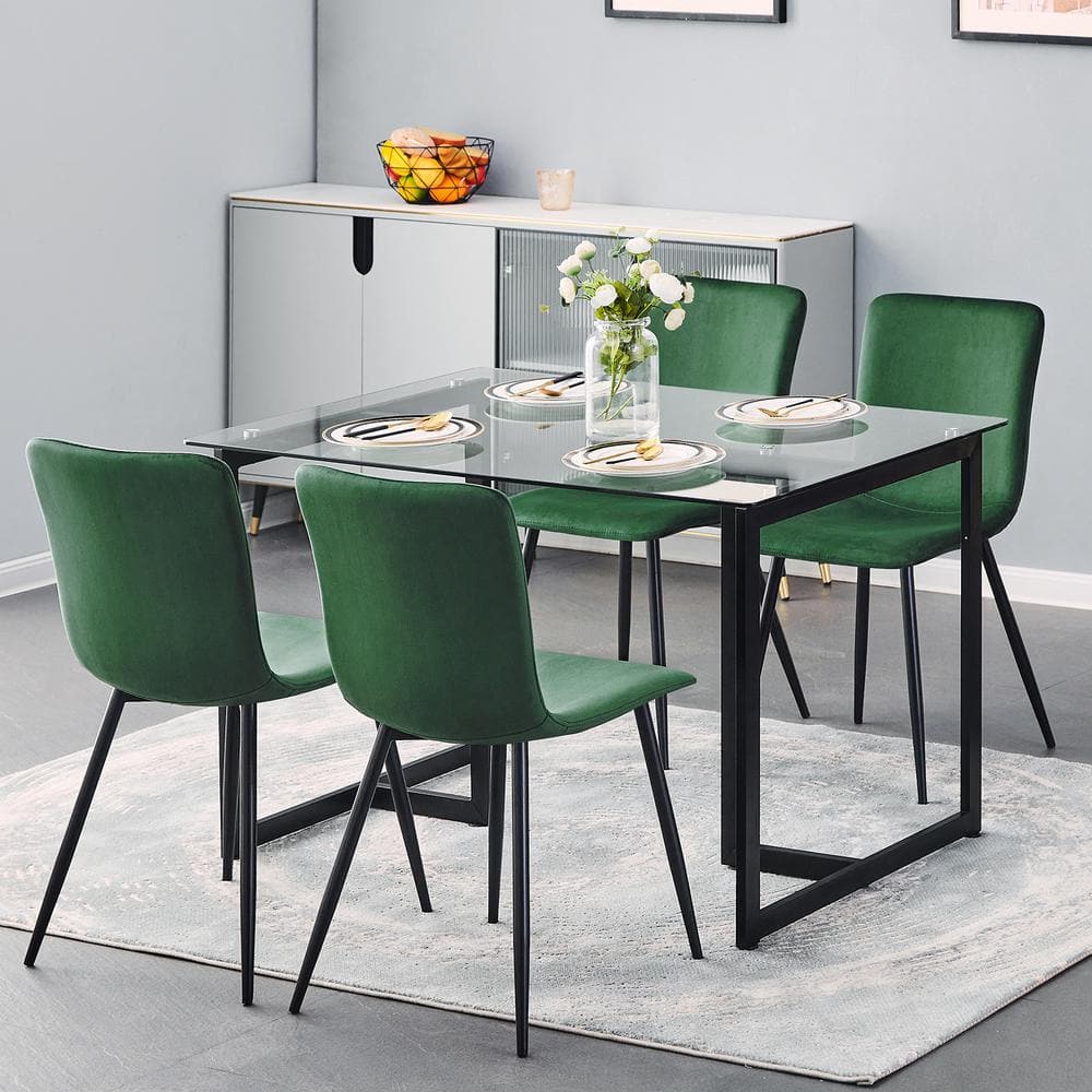 Set of 4, SCARGILL Dining Chair - Velvet Green with Black Metal Leg