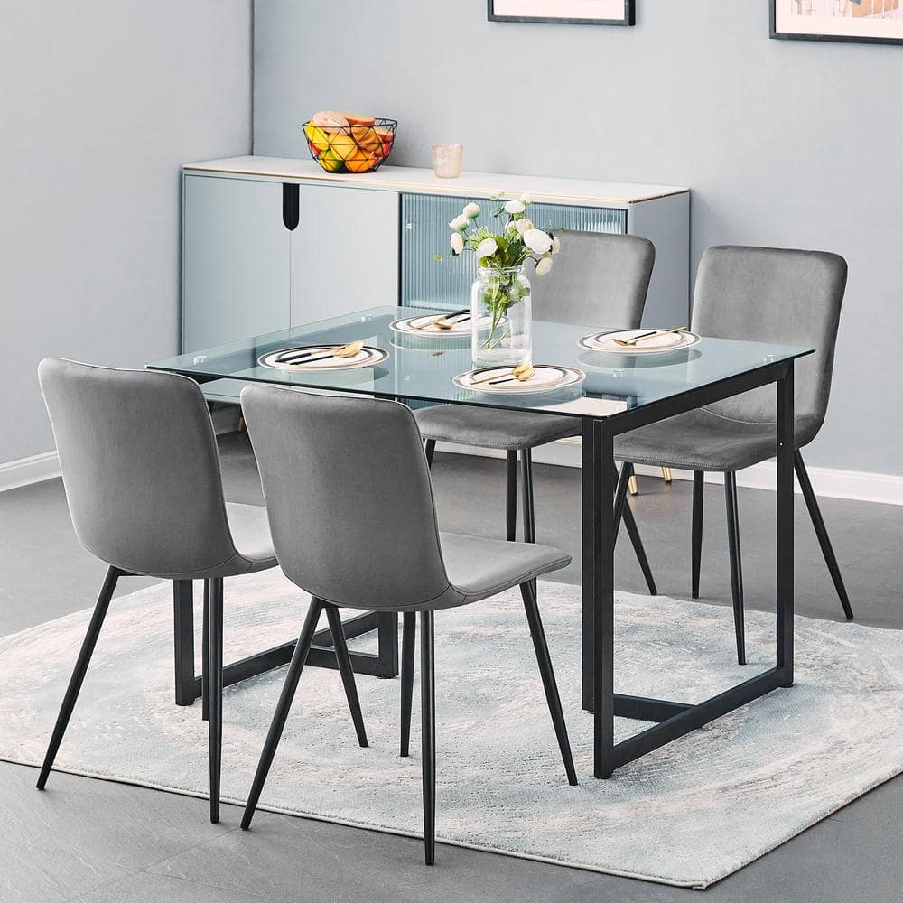 Set of 4, SCARGILL Dining Chair - Velvet Grey with Black Metal Leg