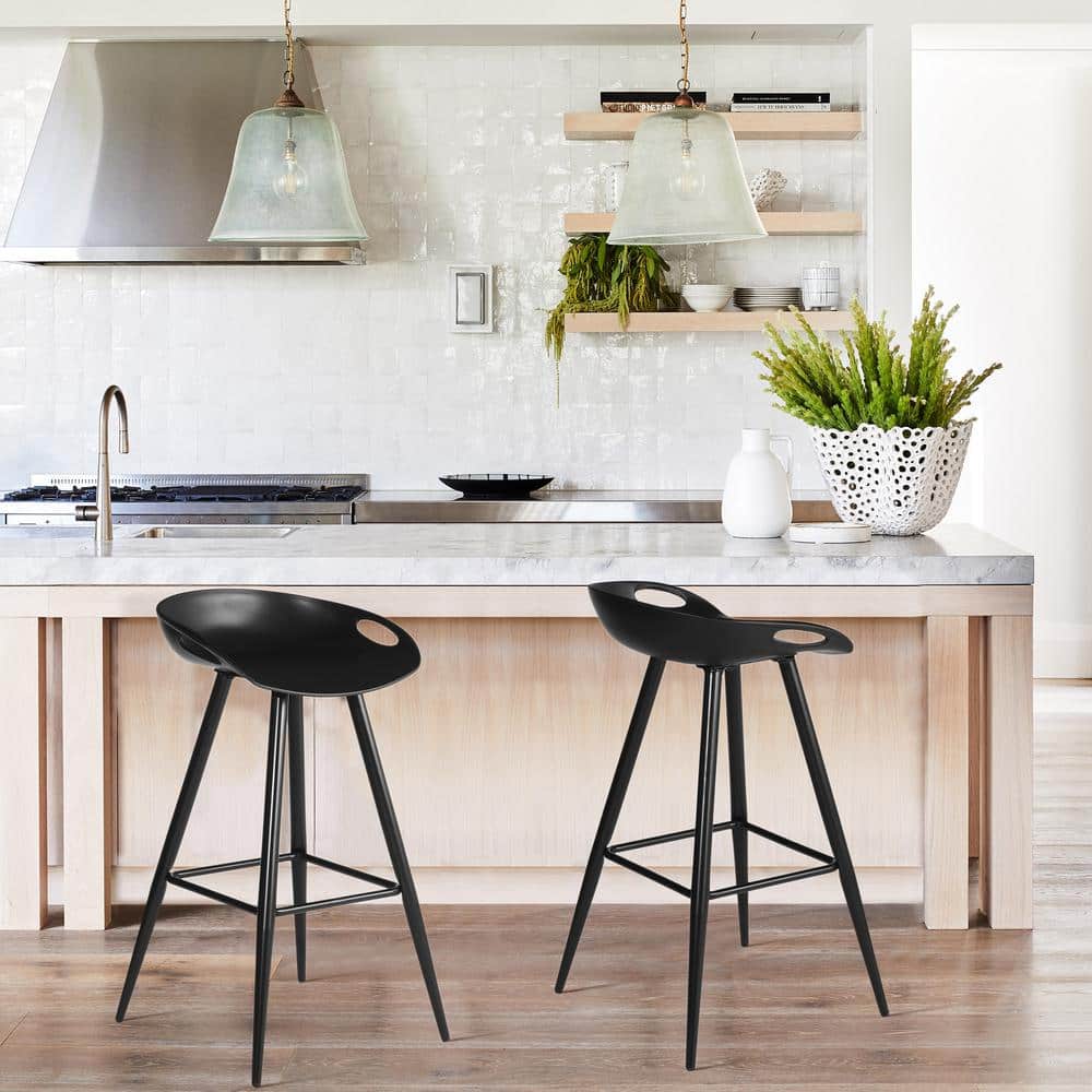 Set of 50, Fiyan 32.3 in. Black Metal Frame Low Back Retro Style Bar Stool with Black PP Seat