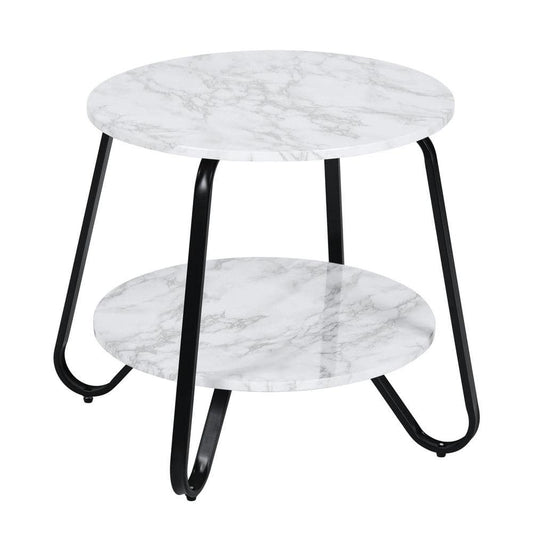 Konya 18 in. Round White Marble Color Top Black Frame 2-Tier End Table