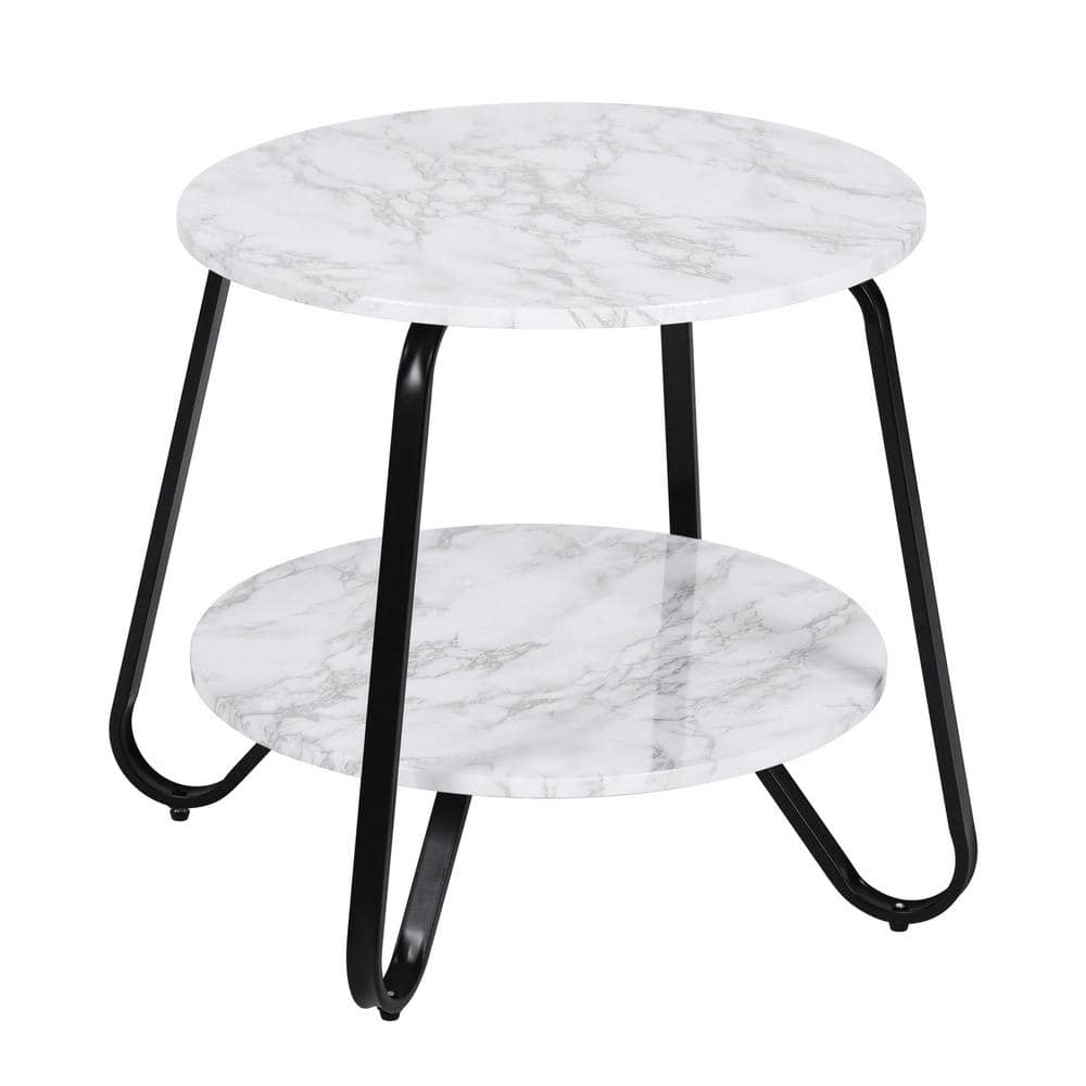 Set of 83, Konya 18 in. Round White Marble Color Top Black Frame 2-Tier End Table