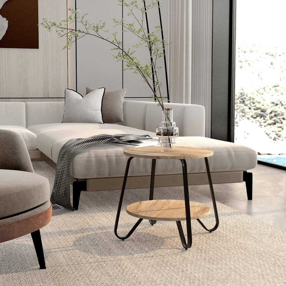 Set of 88, Konya 18 in. Round Oak Color Top Black Frame 2-Tier End Table