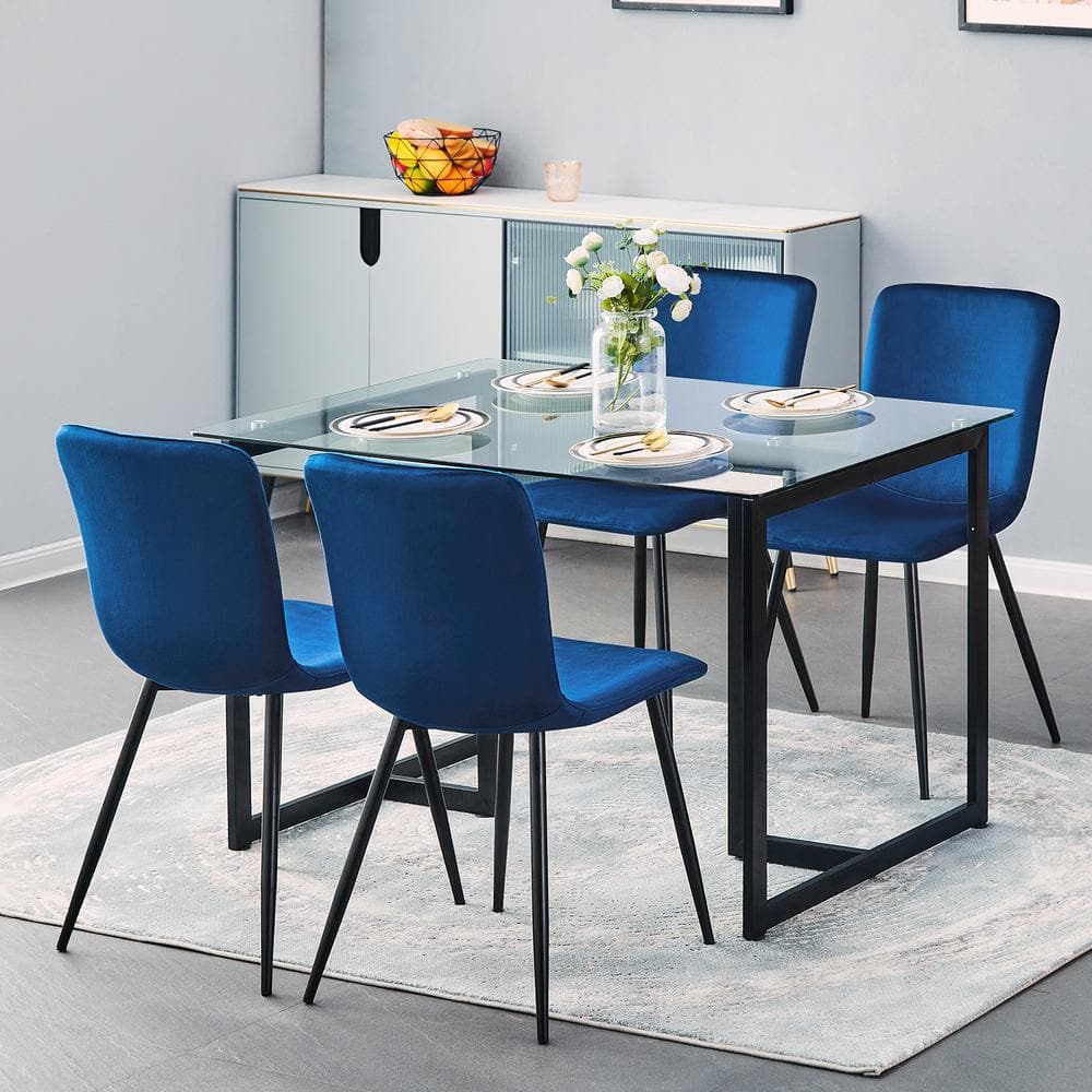 Set of 4, SCARGILL Dining Chair - Velvet Blue with Black Metal Leg