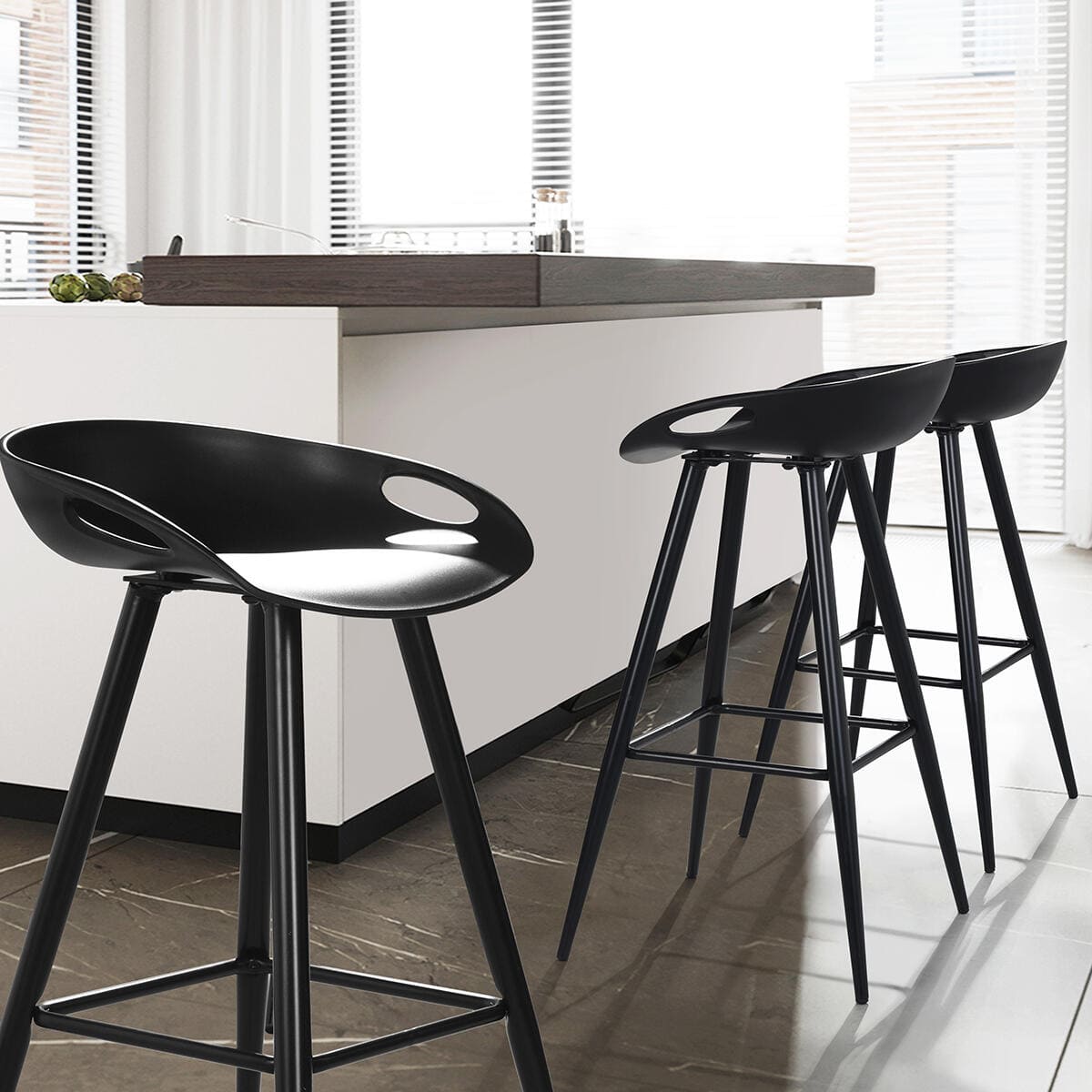 Set of 50, Fiyan 32.3 in. Black Metal Frame Low Back Retro Style Bar Stool with Black PP Seat