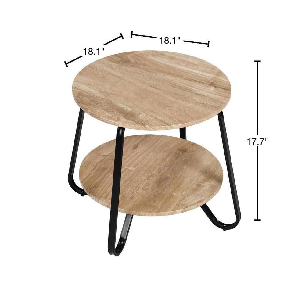 Konya 18 in. Round Oak Color Top Black Frame 2-Tier End Table