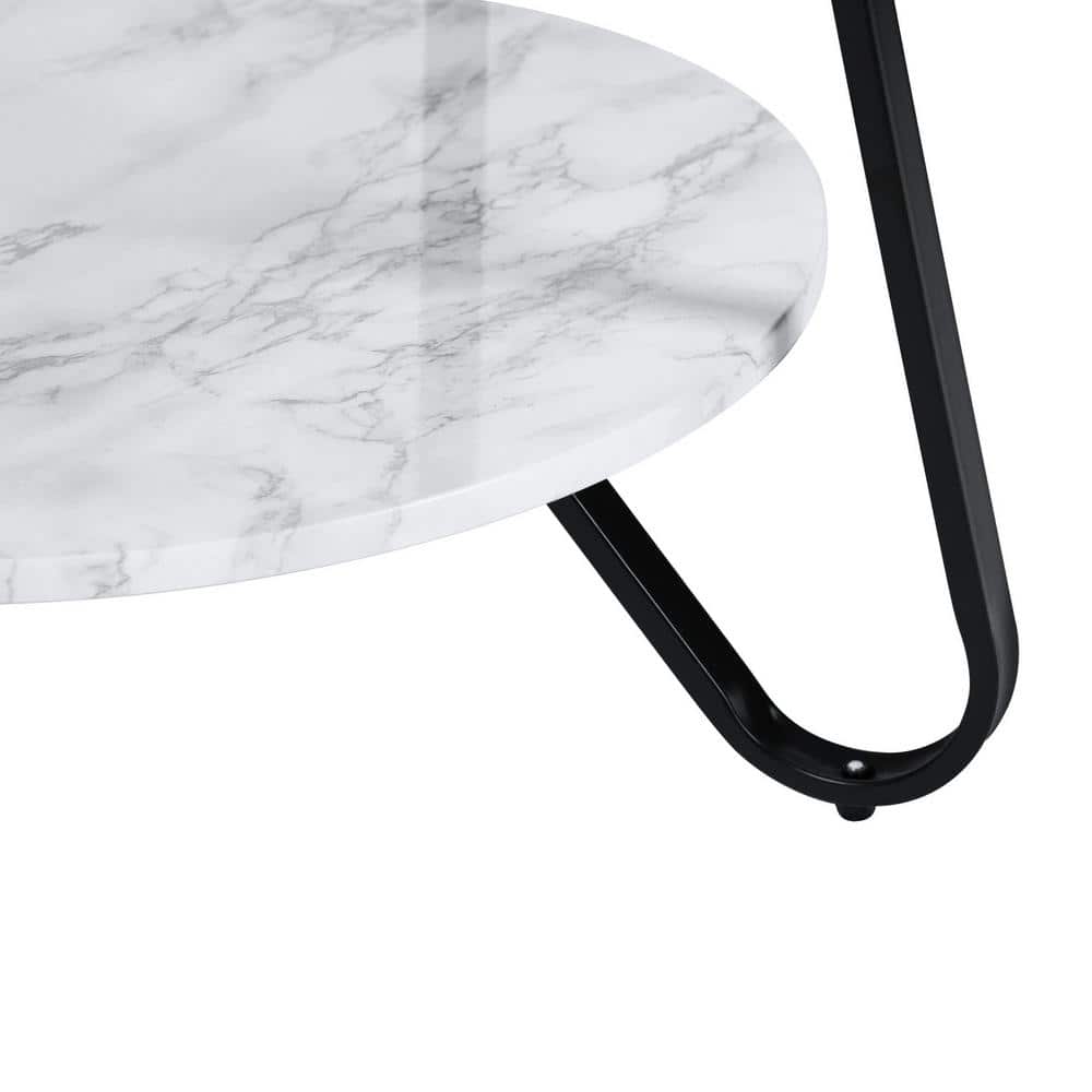 Set of 83, Konya 18 in. Round White Marble Color Top Black Frame 2-Tier End Table