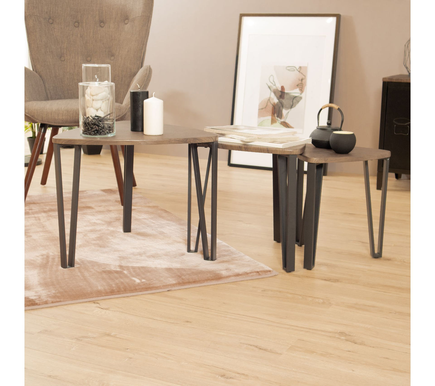 SeKauwhata 3Pcs Nesting Tables - Brown Mdf with Black Metal Leg
