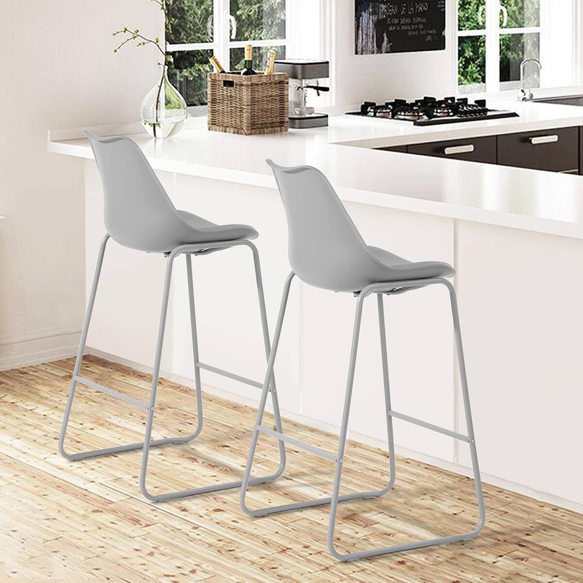 Set of 20, Russ 29 in. Gray Low Back Metal Frame Bar Stool with Faux Leather Cushion Seat