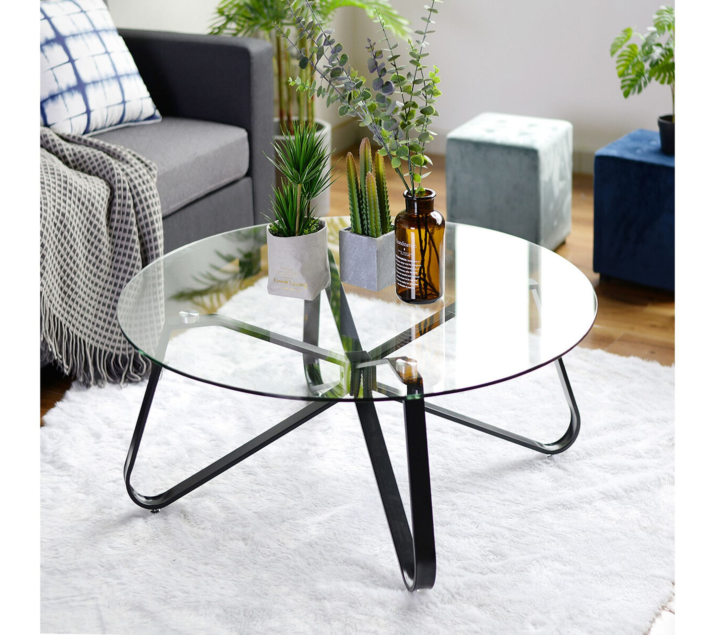 Set of 22, Konya Coffee Table 80cm - Glass with Black Metal Leg