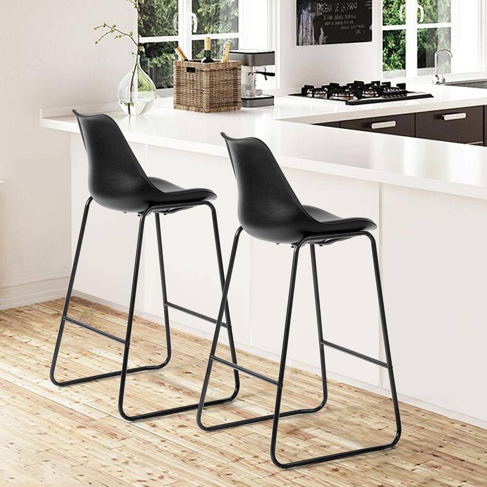 Set of 20, Russ 28 in. Black Low Back Metal Frame Bar Stool with Faux Leather Cushion Seat