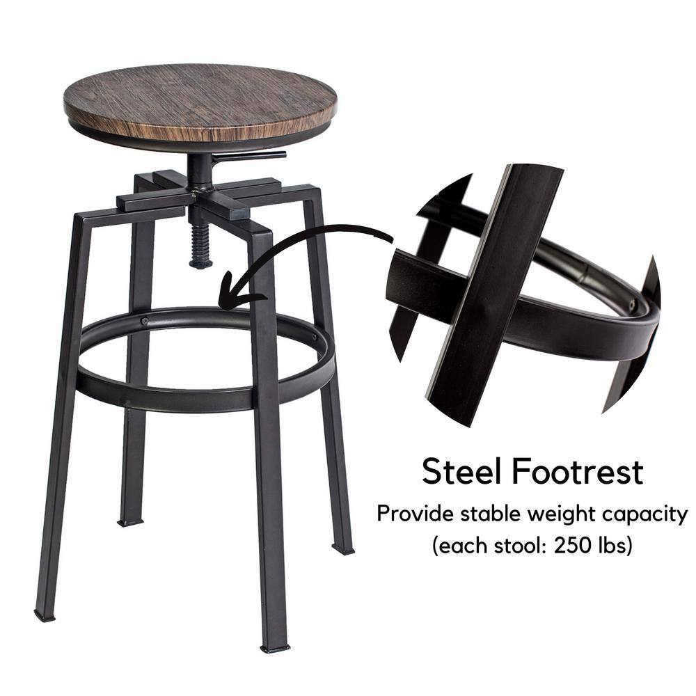 Set of 70, AMAT 24-29 in. Adjustable Height Walnut Backless Metal Frame Industial Counter and Bar Stool