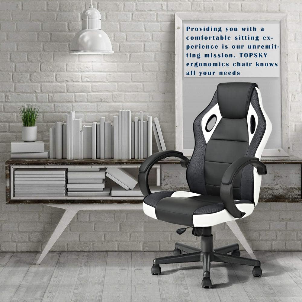 Tunney White Faux Leather Upholstered Swivel Gaming Chair Office Chair Task Chair with Adjustable Height