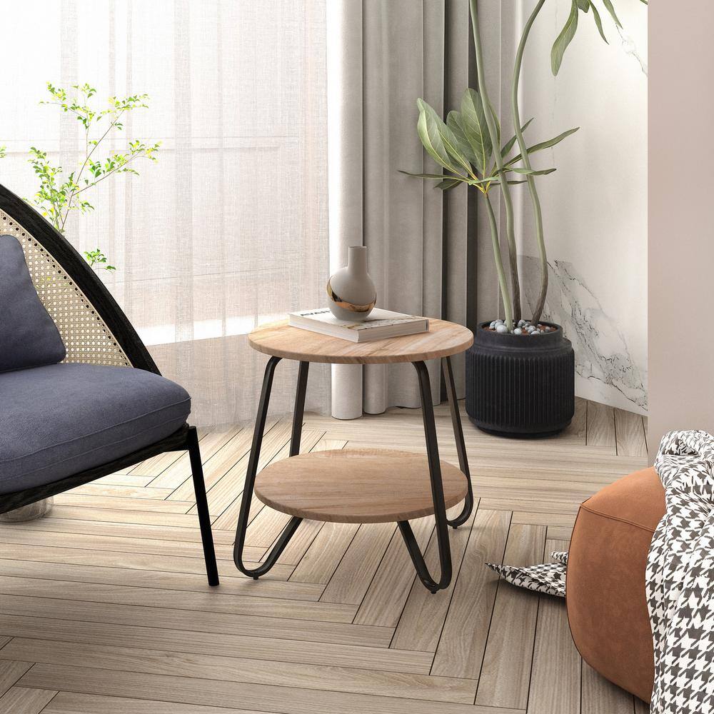 Konya 18 in. Round Oak Color Top Black Frame 2-Tier End Table