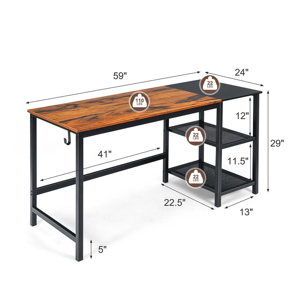 Set of 27, AIGNEIS 59 in. Rectangular Brown Wood Home Office Computer Desk Study Laptop Table Detachable Shelf