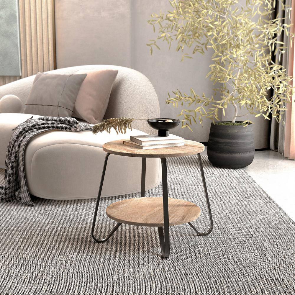 Konya 18 in. Round Oak Color Top Black Frame 2-Tier End Table