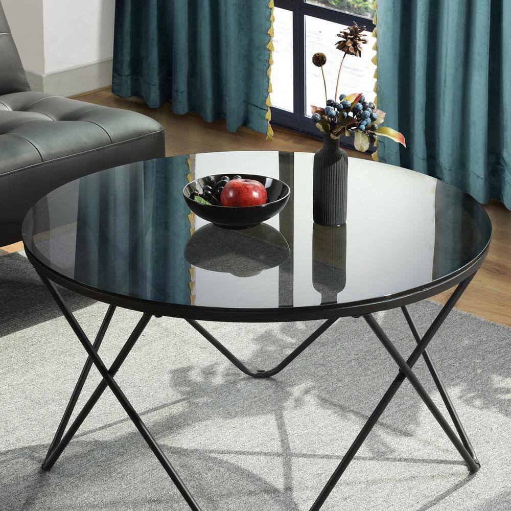 Set of 17, Canales 31.5 in. Black Round Glass Coffee Table