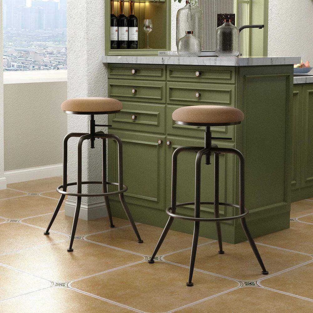 Set of 54, Ana 28.5-31.5 in. Adjustable Height Brown Backless Metal Frame Swivel Industrial BarStool with Fabric Seat