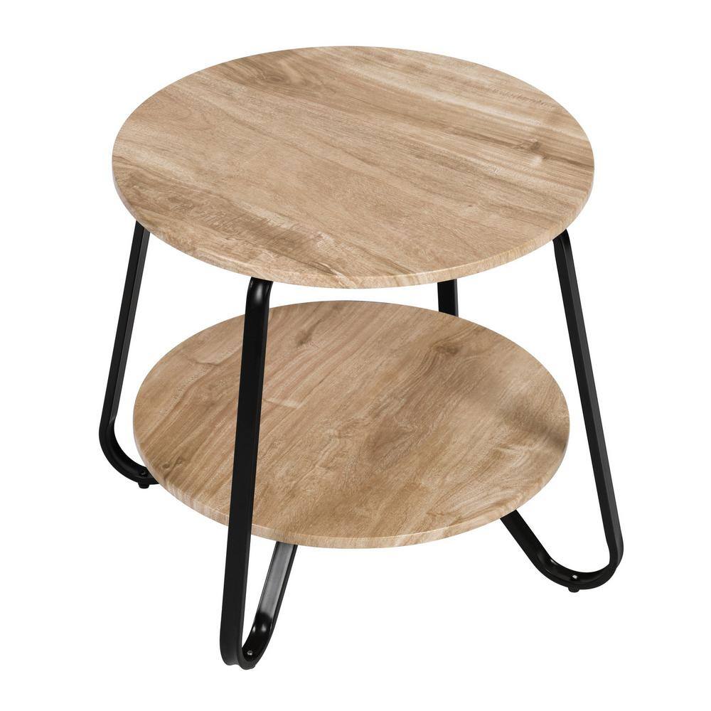 Konya 18 in. Round Oak Color Top Black Frame 2-Tier End Table