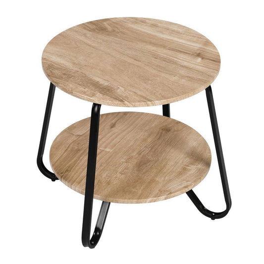 Konya 18 in. Round Oak Color Top Black Frame 2-Tier End Table