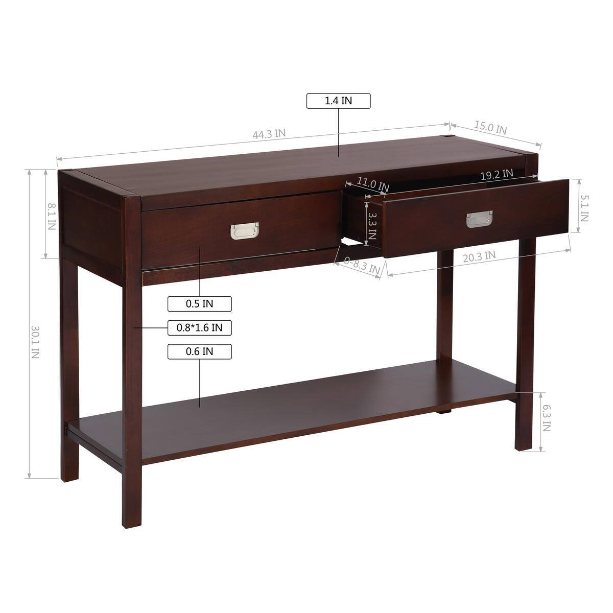 Set of 8, Bianca 44.3 in. Brown Rectangle Manufactured Wood Console Table