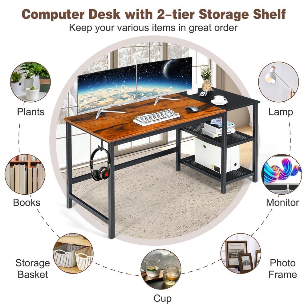 Set of 27, AIGNEIS 59 in. Rectangular Brown Wood Home Office Computer Desk Study Laptop Table Detachable Shelf