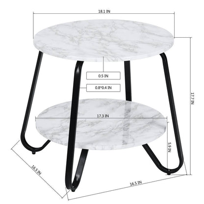 Set of 83, Konya 18 in. Round White Marble Color Top Black Frame 2-Tier End Table