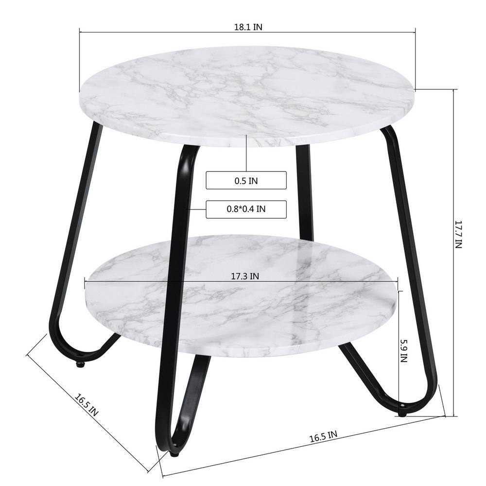 Konya 18 in. Round White Marble Color Top Black Frame 2-Tier End Table