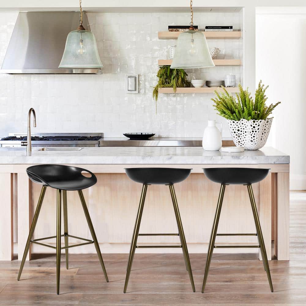 Fiyan 32.3 in. Bronze Metal Frame Low Back Retro Style Bar Stool with Black PP Seat - Set of 2