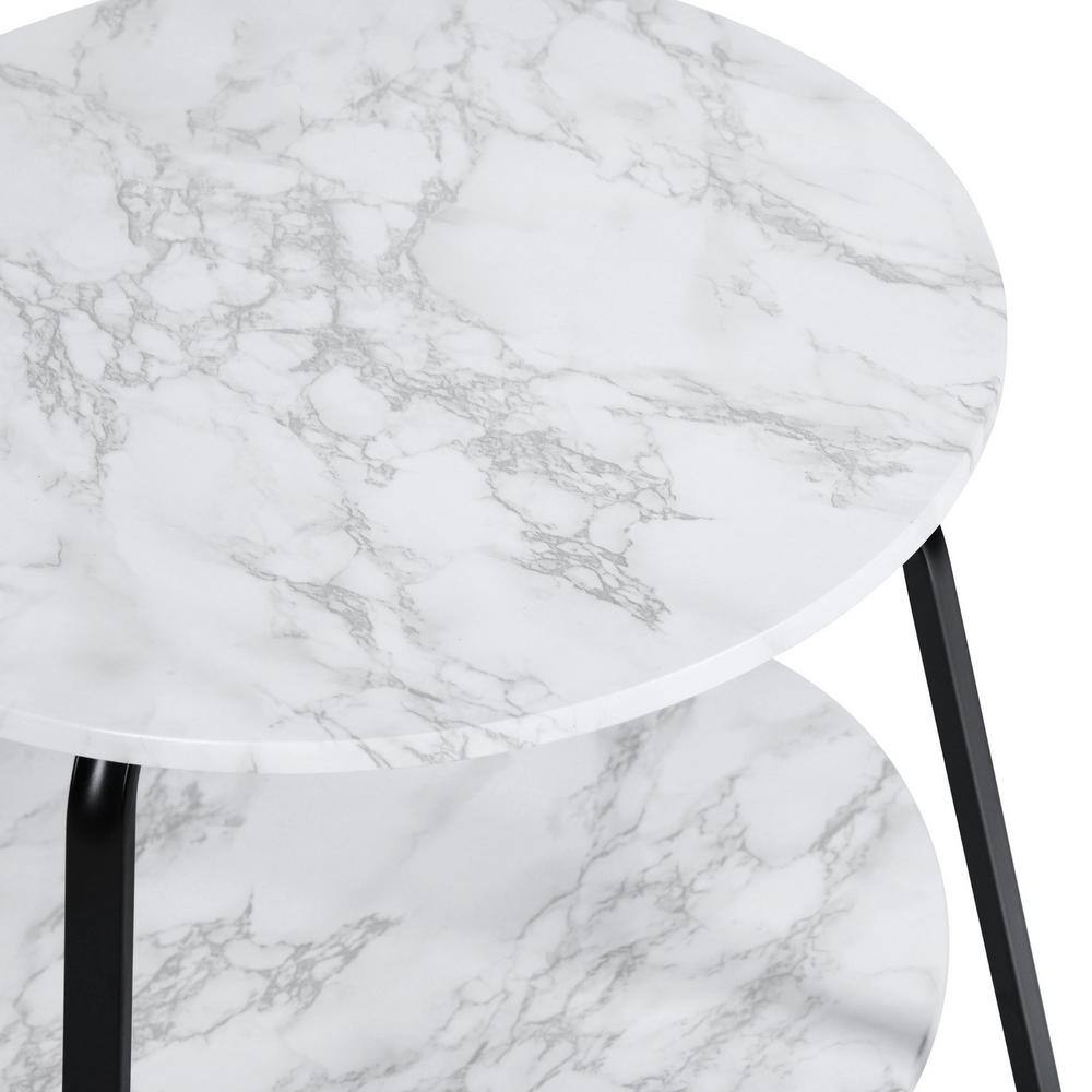 Konya 18 in. Round White Marble Color Top Black Frame 2-Tier End Table