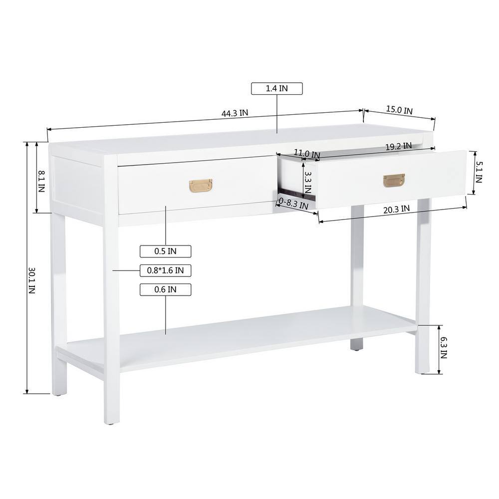 Bianca 44.3 in. White Standard Rectangle Wood Console Table with 2-Drawers