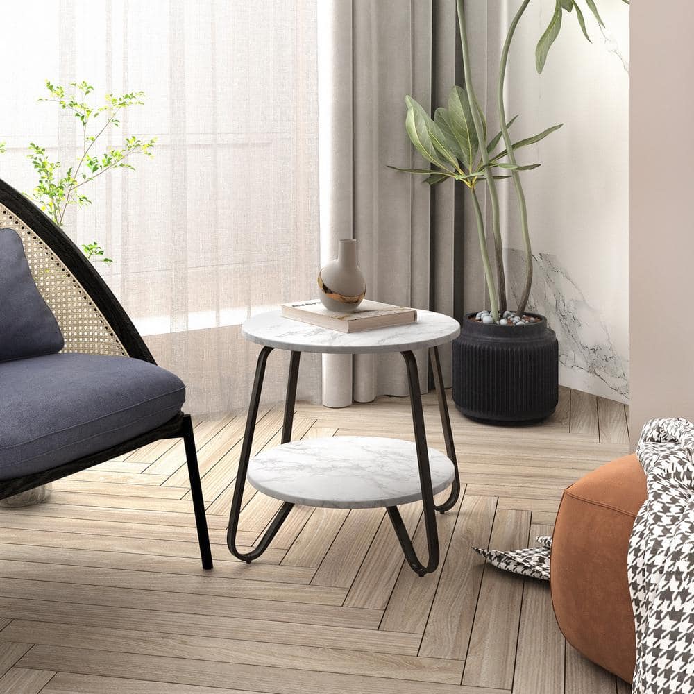 Konya 18 in. Round White Marble Color Top Black Frame 2-Tier End Table