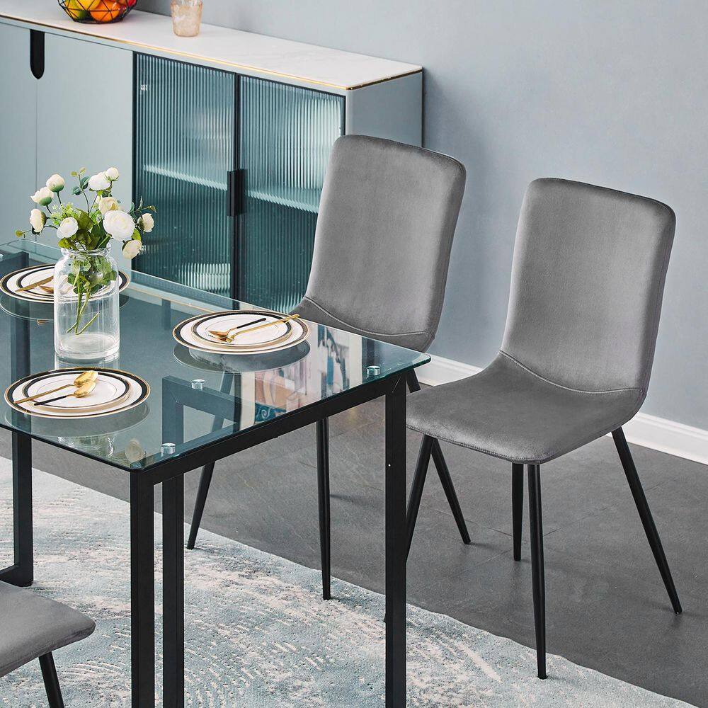 Set of 4, SCARGILL Dining Chair - Velvet Grey with Black Metal Leg