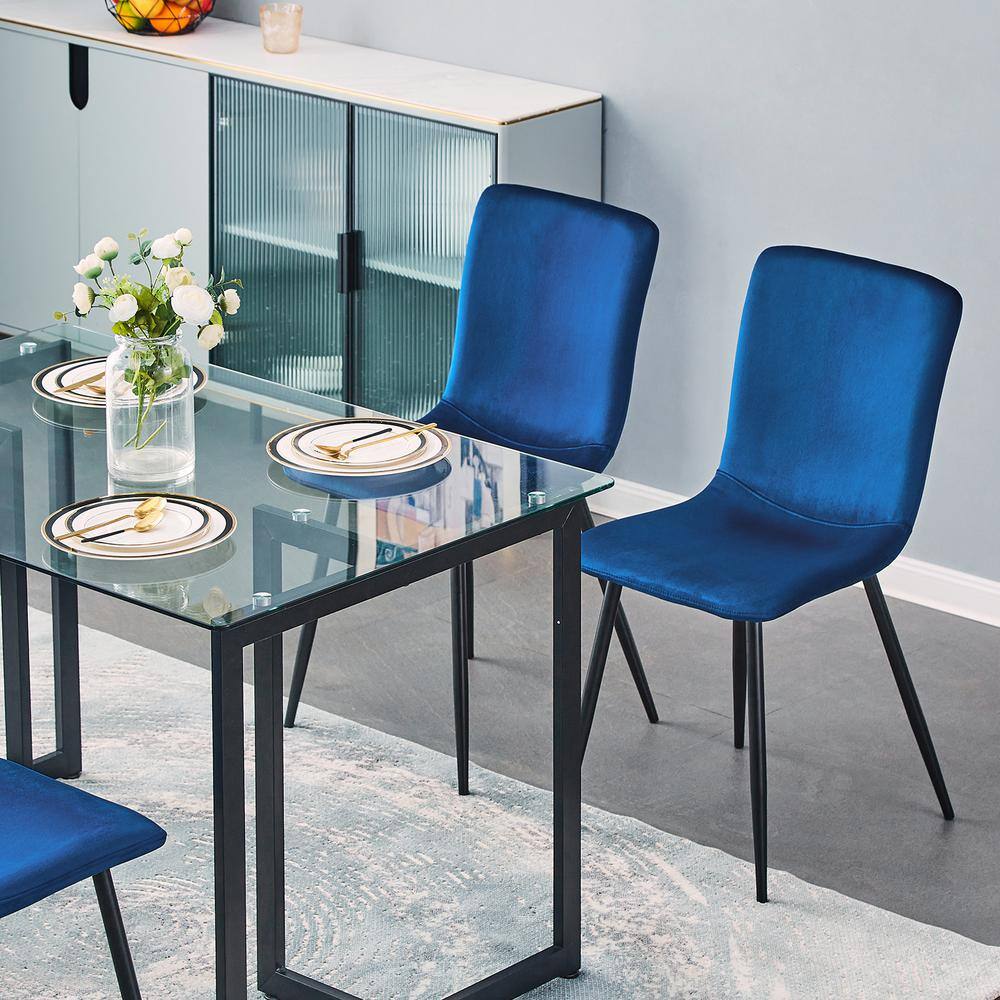 Set of 4, SCARGILL Dining Chair - Velvet Blue with Black Metal Leg