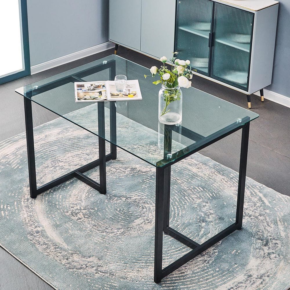 SLIP 47 in. Tempered Glass Top Slip Black Base Elegant Dining Table