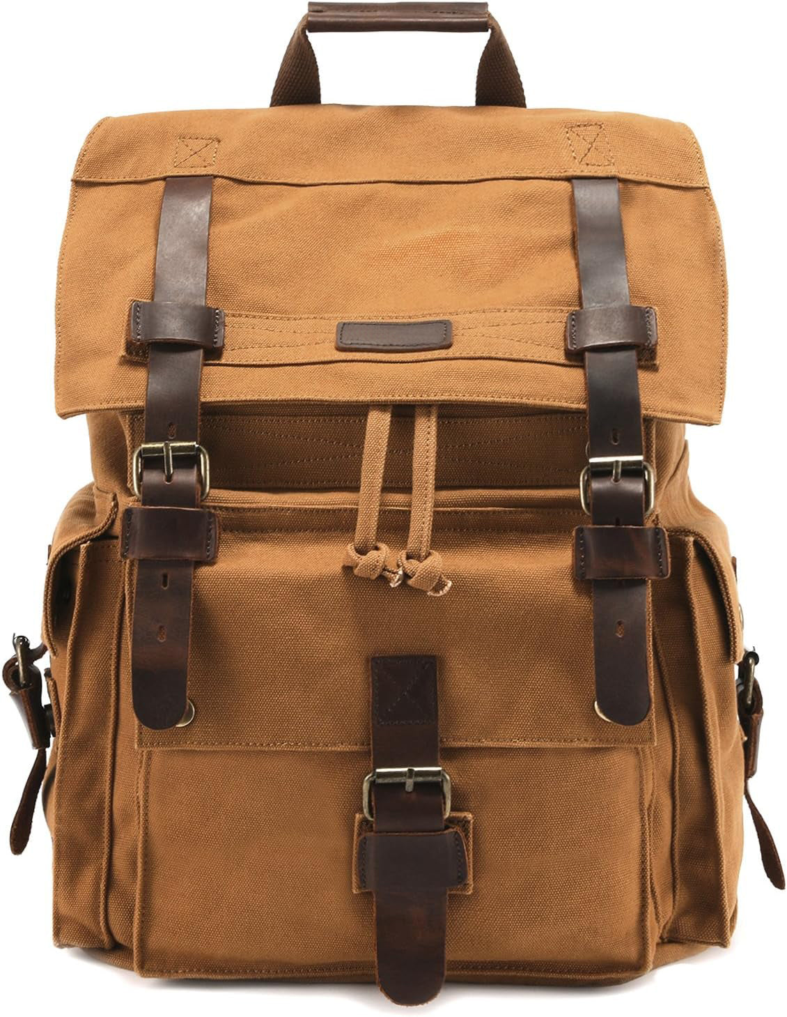 FETINES Men’s Leather Canvas Backpack Large School Bag Travel Rucksack Khaki