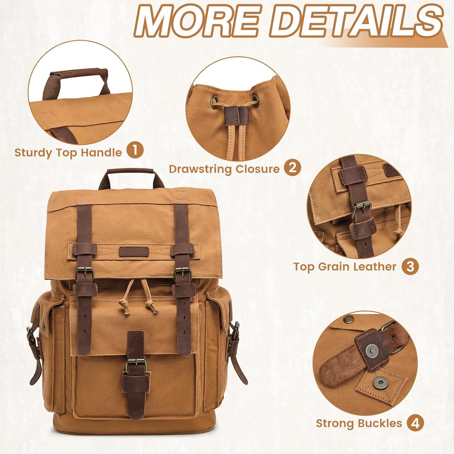 FETINES Men’s Leather Canvas Backpack Large School Bag Travel Rucksack Khaki