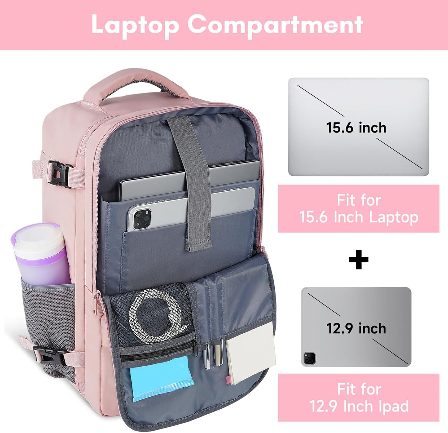 FETINES Women's Travel Backpack, Carry-On Bag with USB Charging Port and Shoe Bag, Pink
