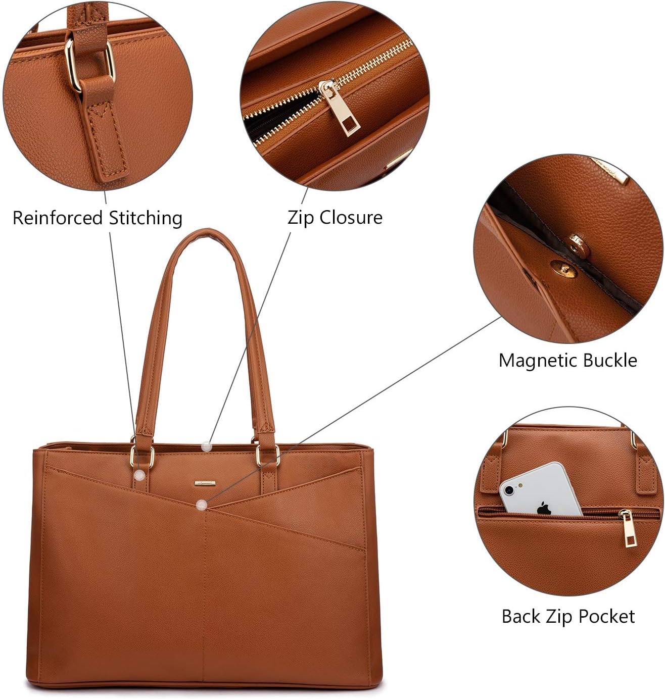 FETINES Women's Laptop Handbag 15.6 Inch Waterproof Leather Computer Bag Women's Business Office Work Bag Briefcase Brown