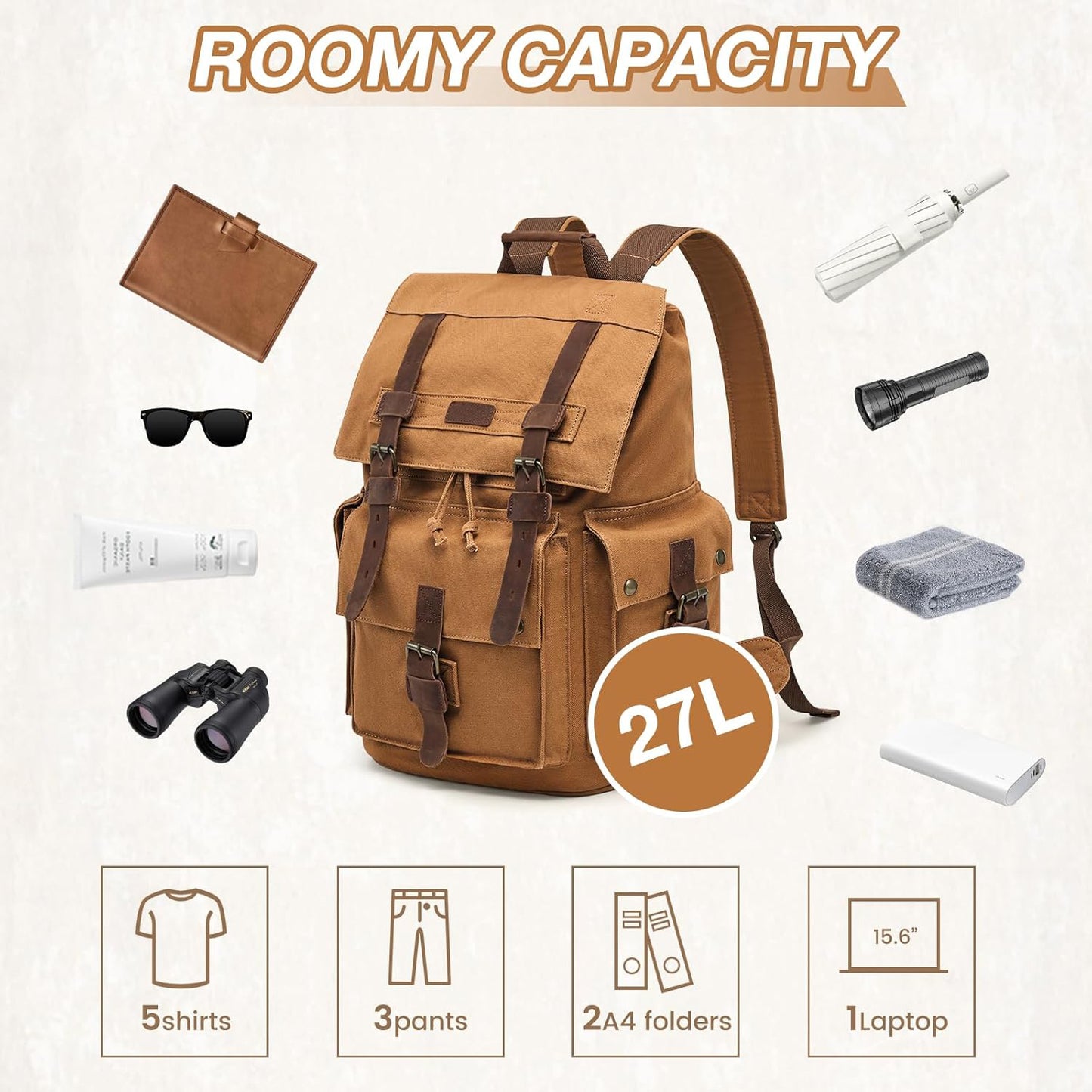 FETINES Men’s Leather Canvas Backpack Large School Bag Travel Rucksack Khaki