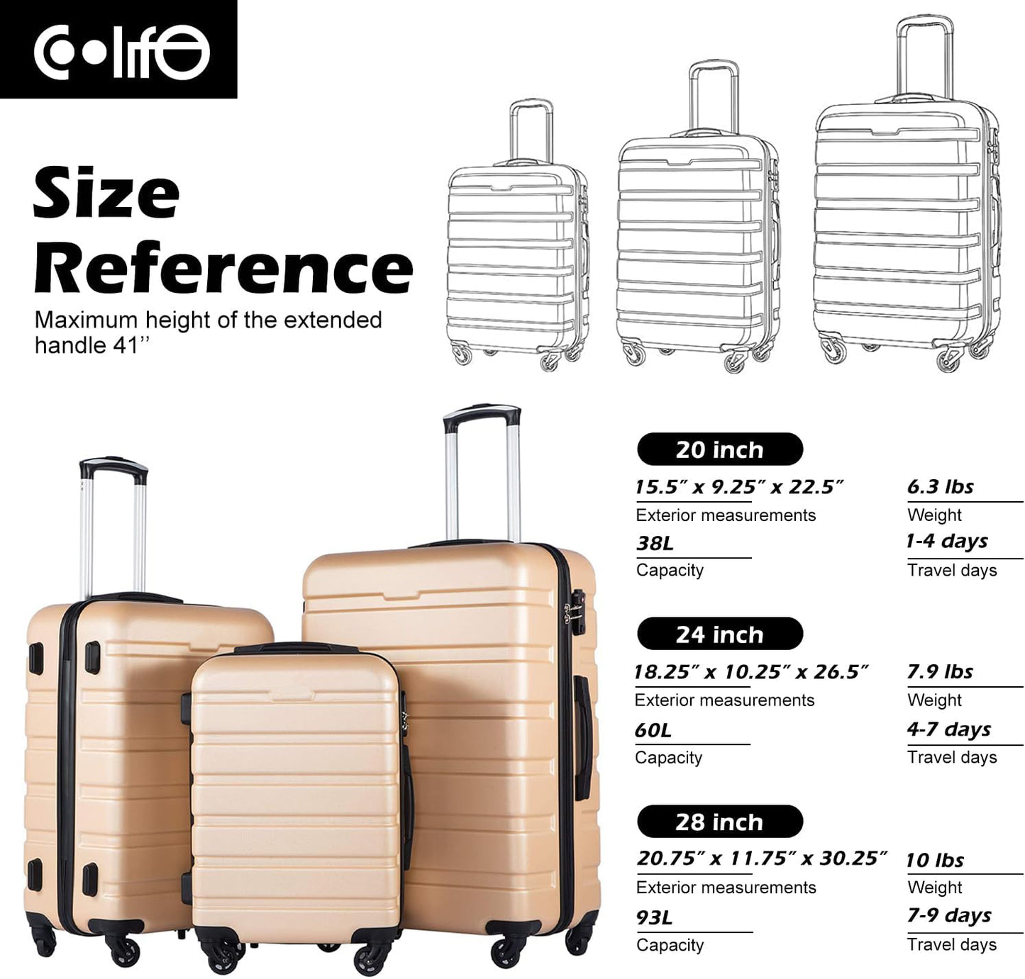 FETINES Suitcase Spinner -yellow-3 piece set(20in24in28in)