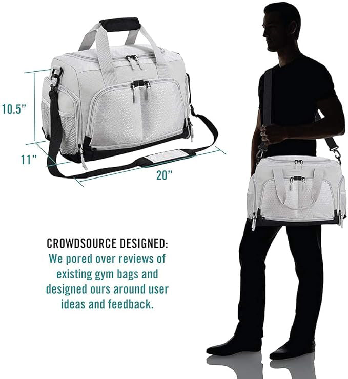 FETINES The Durable Crowdsource Designed Duffel Bag with 10 Optimal Compartments Including Water Resistant Pouch-White