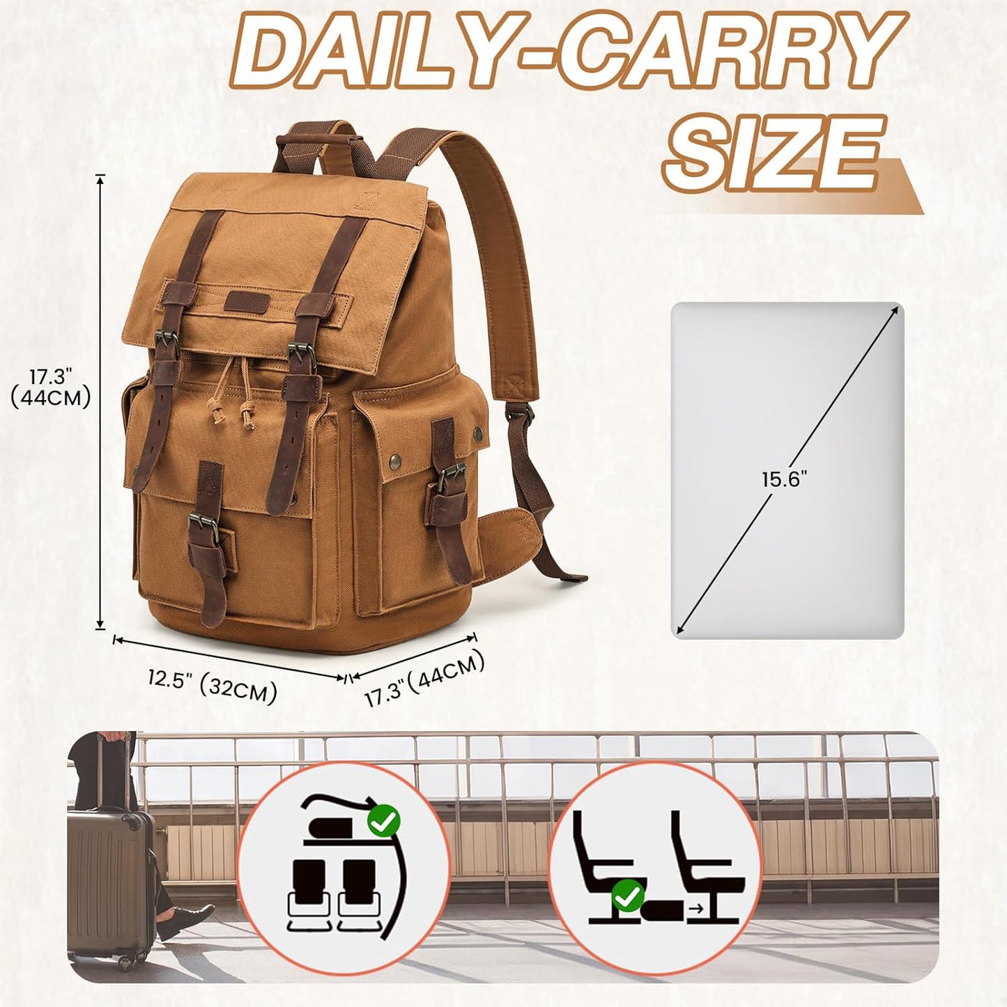 FETINES Men’s Leather Canvas Backpack Large School Bag Travel Rucksack Khaki
