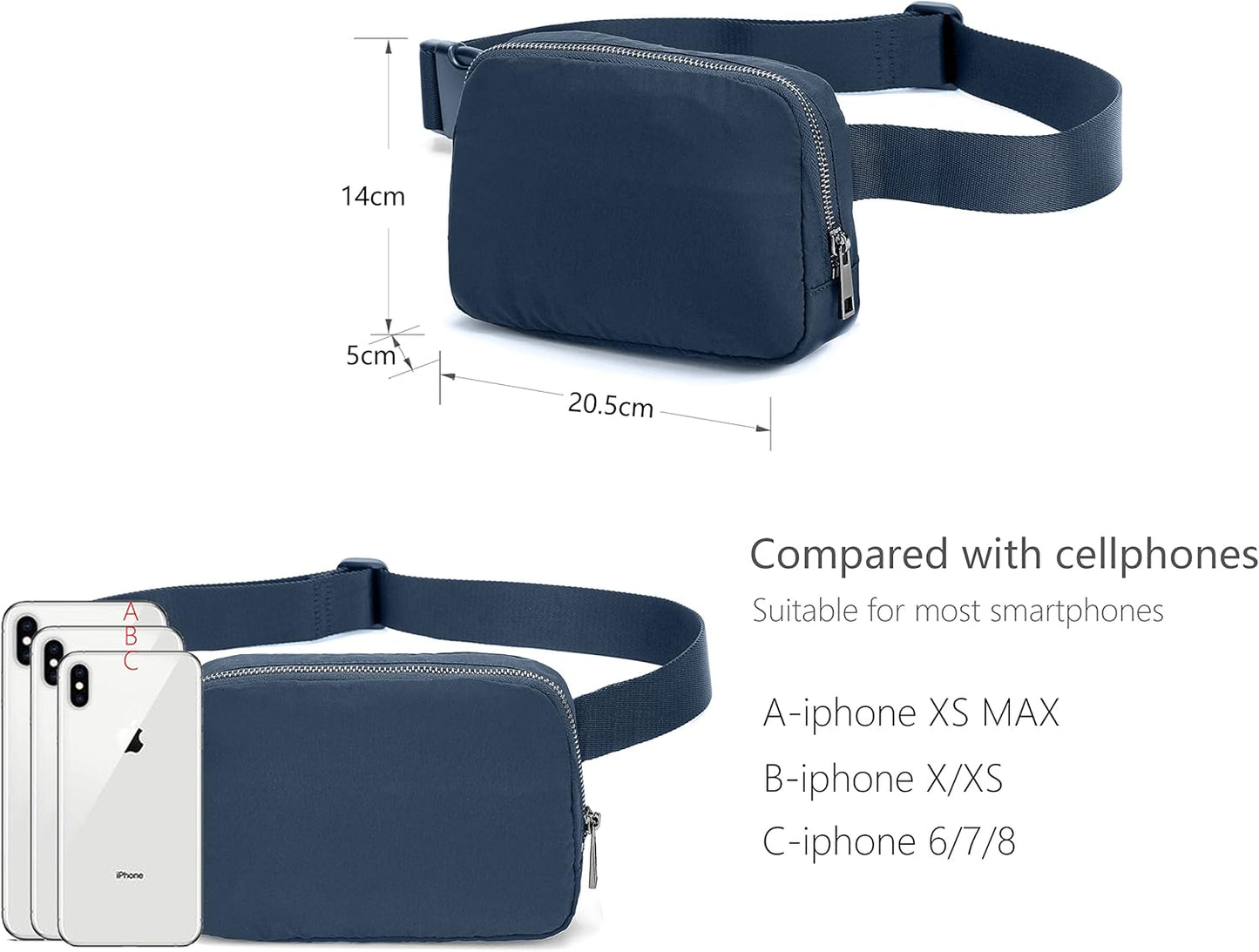 FETINES Belt Bag Waist Crossbody Bags Bum Bag for Running Hiking Travel Workout Adjustable -blue