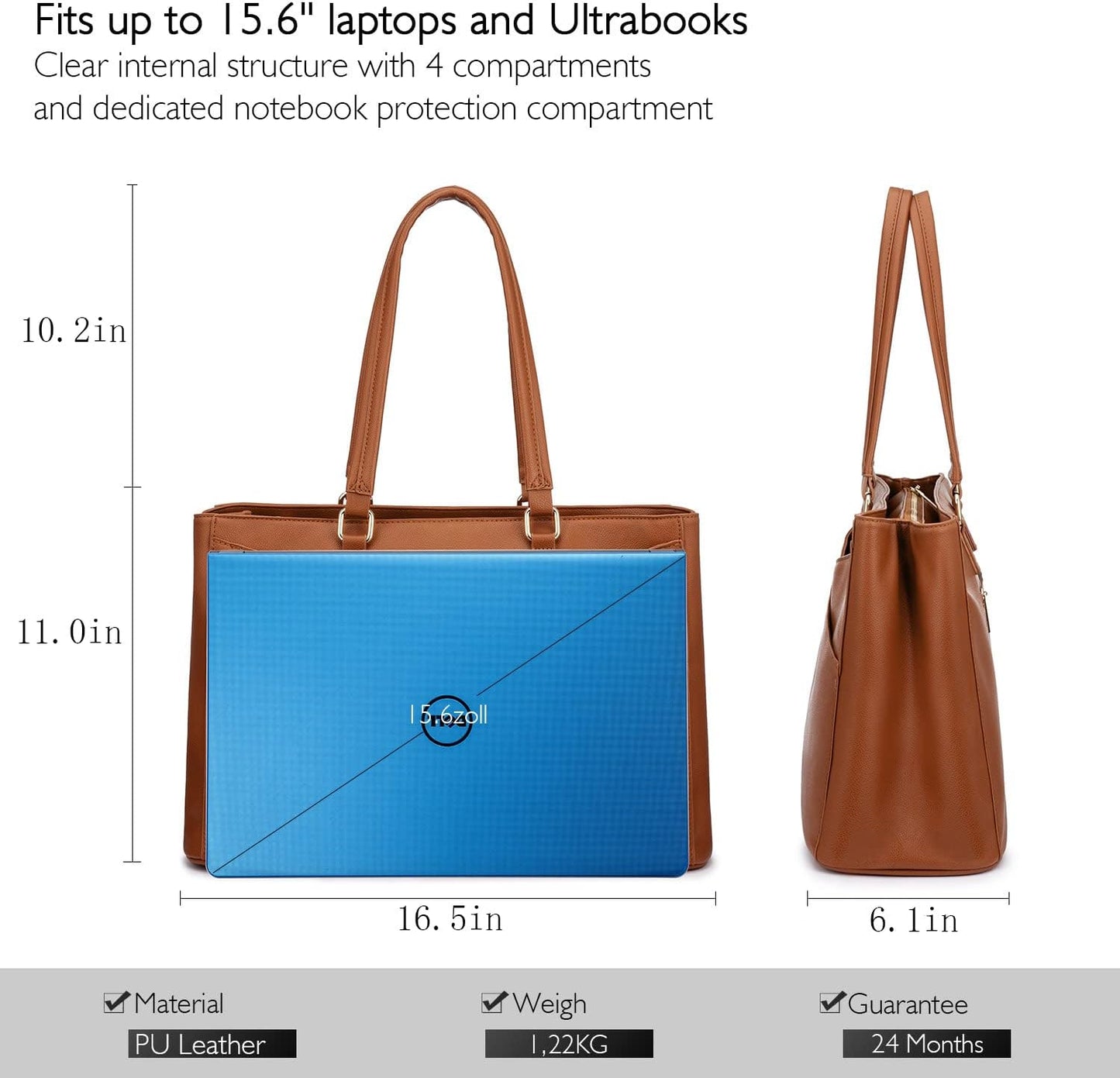 FETINES Women's Laptop Handbag 15.6 Inch Waterproof Leather Computer Bag Women's Business Office Work Bag Briefcase Brown