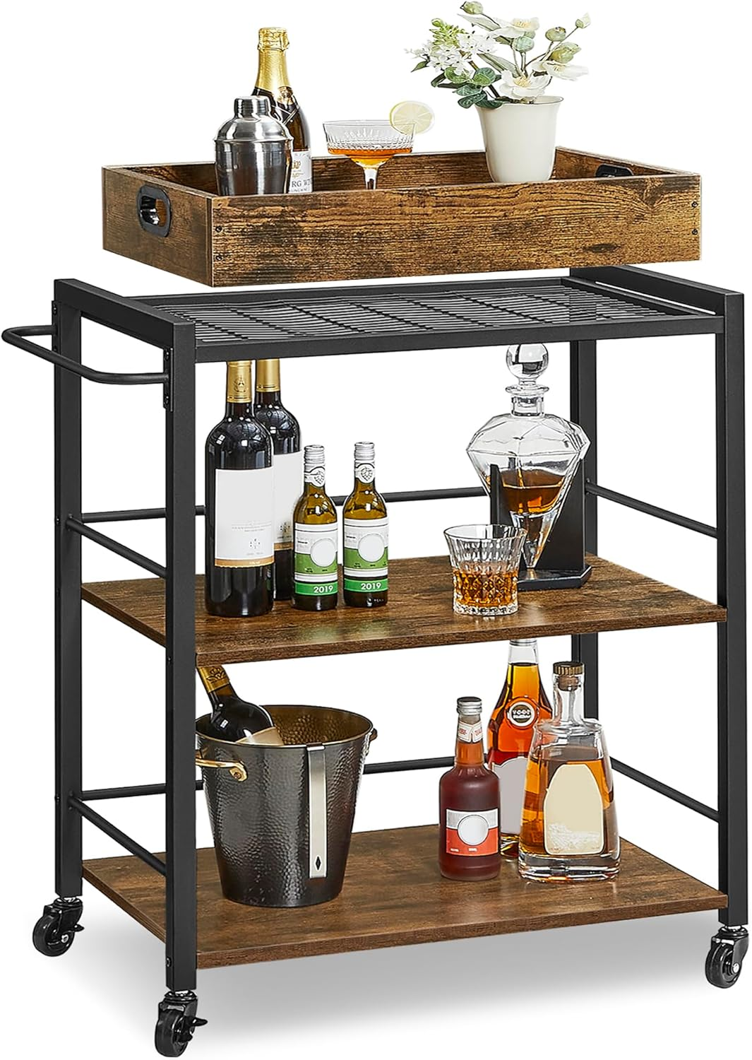 EGGREE Rolling Bar Cart with Wine Rack & Glass Holder