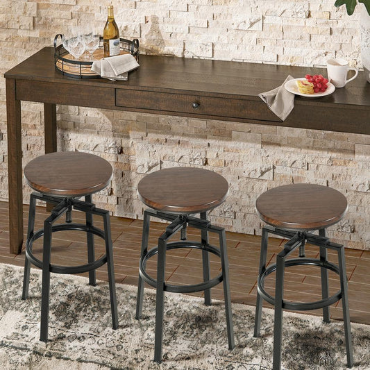 Set of 70, AMAT 24-29 in. Adjustable Height Brown Wood Backless Metal Frame Industial Counter and Bar Stool