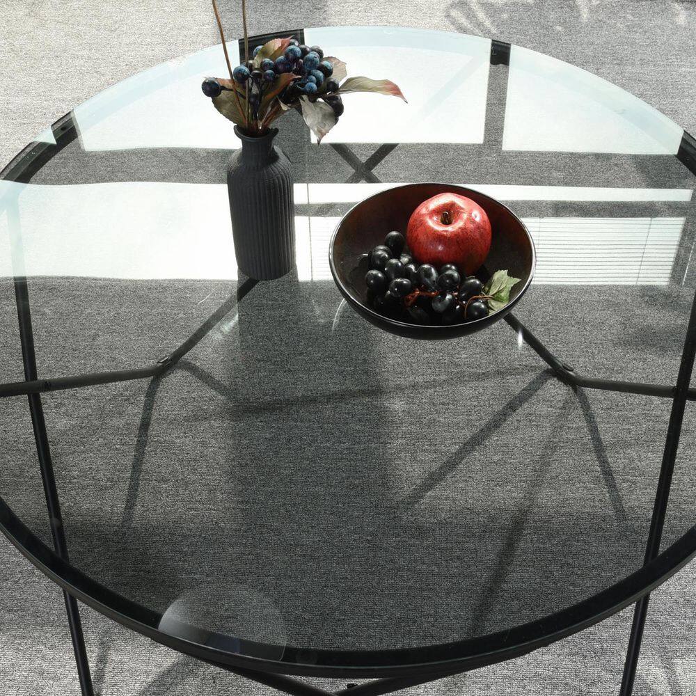 Set of 17, Canales 31.5 in. Black Round Glass Coffee Table
